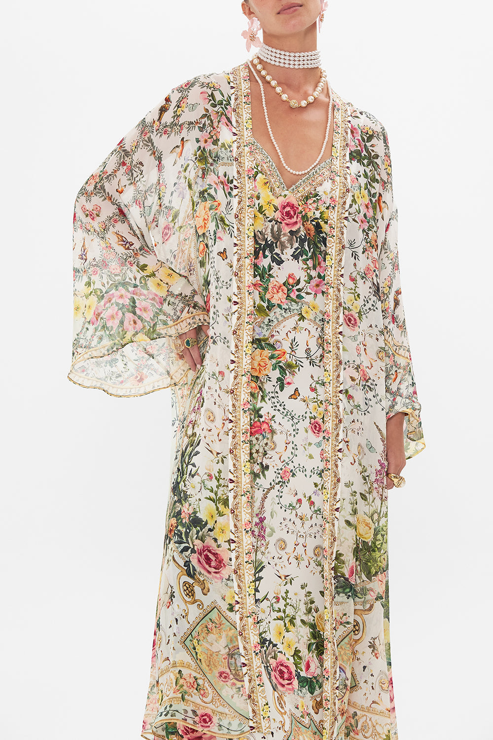 Crop view of model wearing CAMILLA silk robe in Renaissance Romance print
