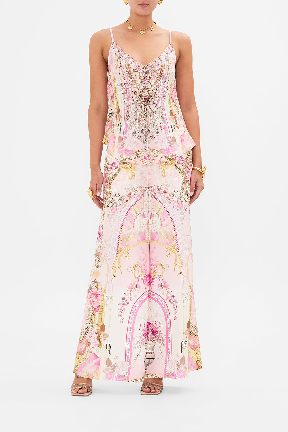 Front view of model wearing CAMILLA silk cami in Fresco Fairytale print