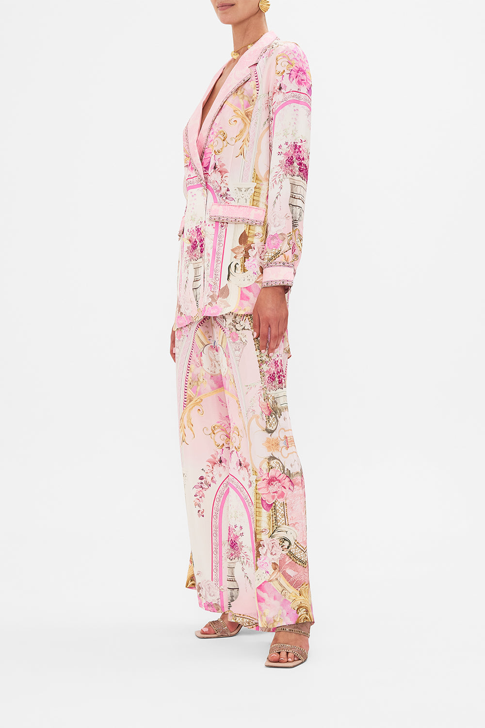 Side view of model wearing CAMILLA silk blazer in Feeling Fresco print