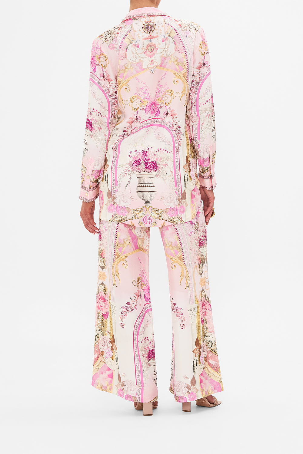 Back view of model wearing CAMILLA silk blazer in Feeling Fresco print