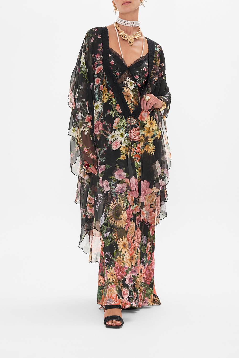 Front view of model wearing CAMILLA silk layer in Letters From A Vineyard print