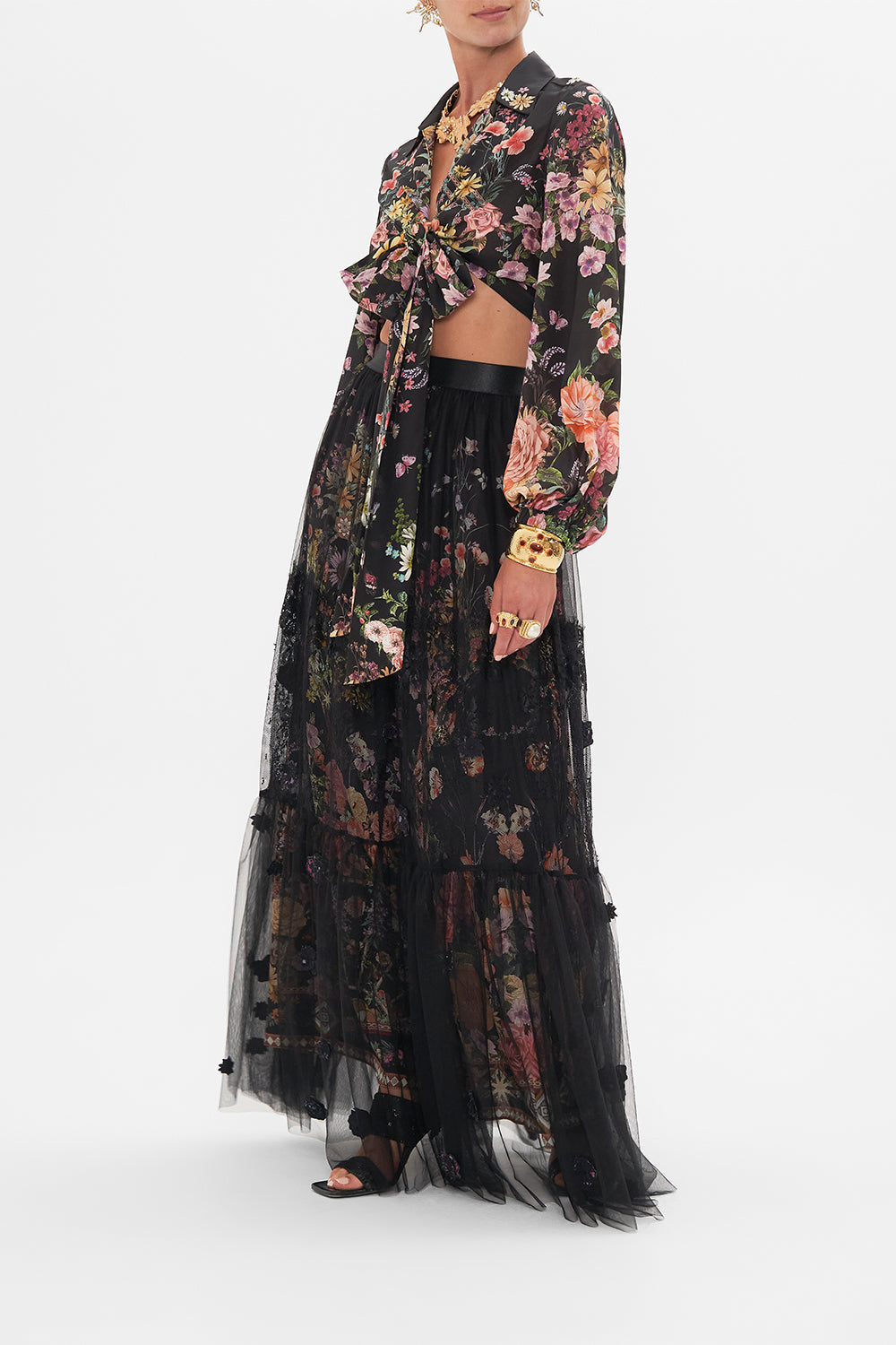 Side view of model wearing CAMILLA cropped shirt in :etters From A Vineyard print