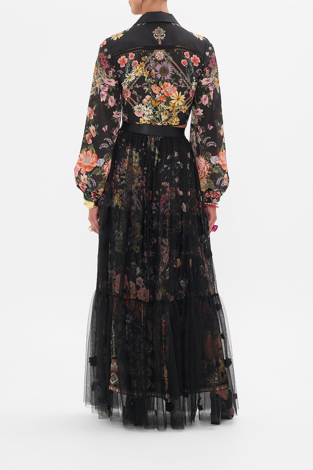 Back view of model wearing CAMILLA cropped shirt in :etters From A Vineyard print