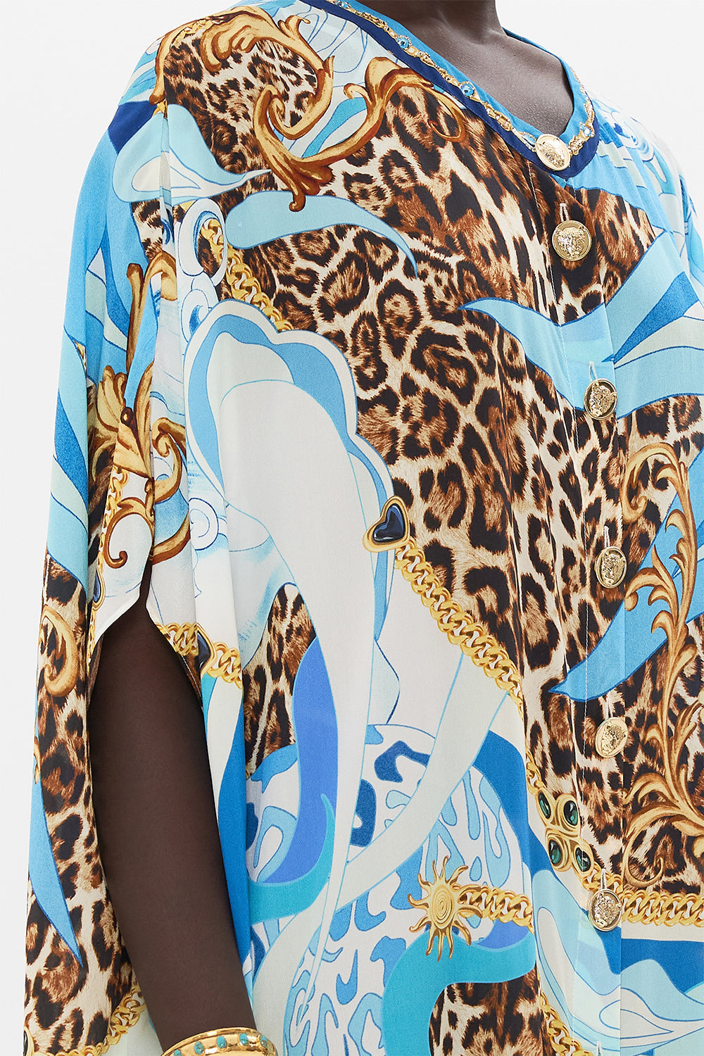 BUTTON THROUGH BATWING KAFTAN SKY CHEETAH