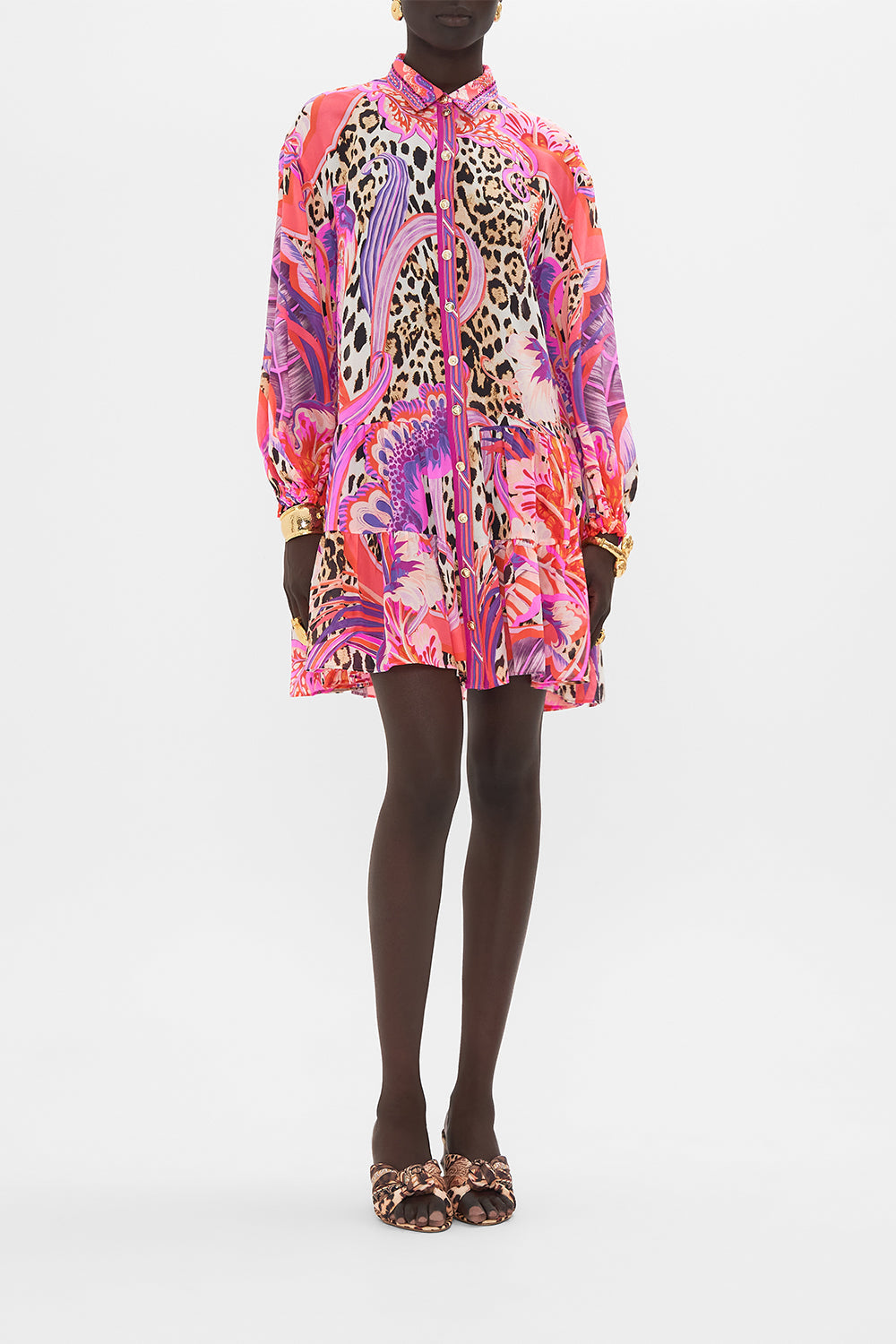 Front view of model wearing CAMILLA silk shirt dress in Viola Vintage print