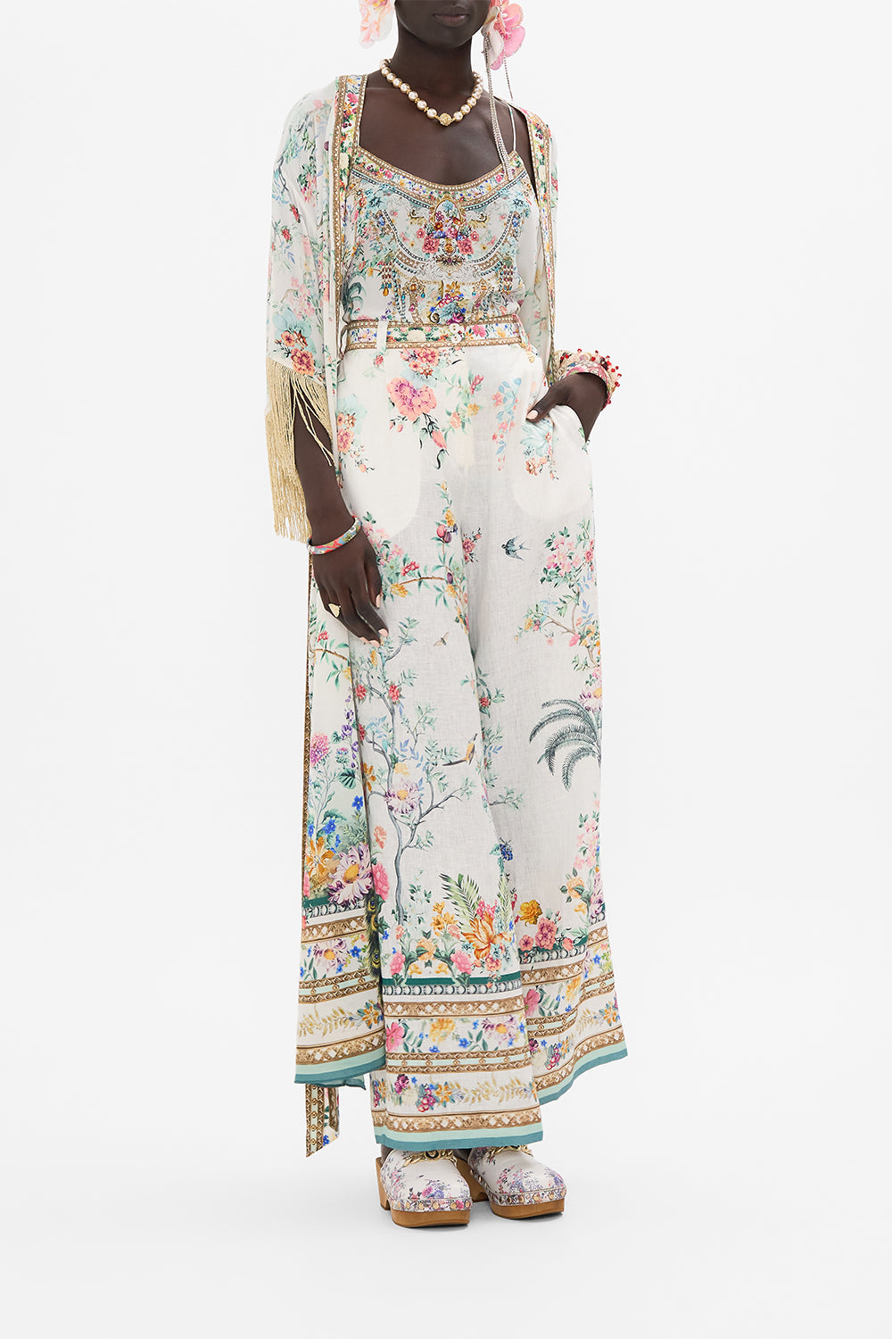 CAMILLA silk top in Plumes and Parterres print