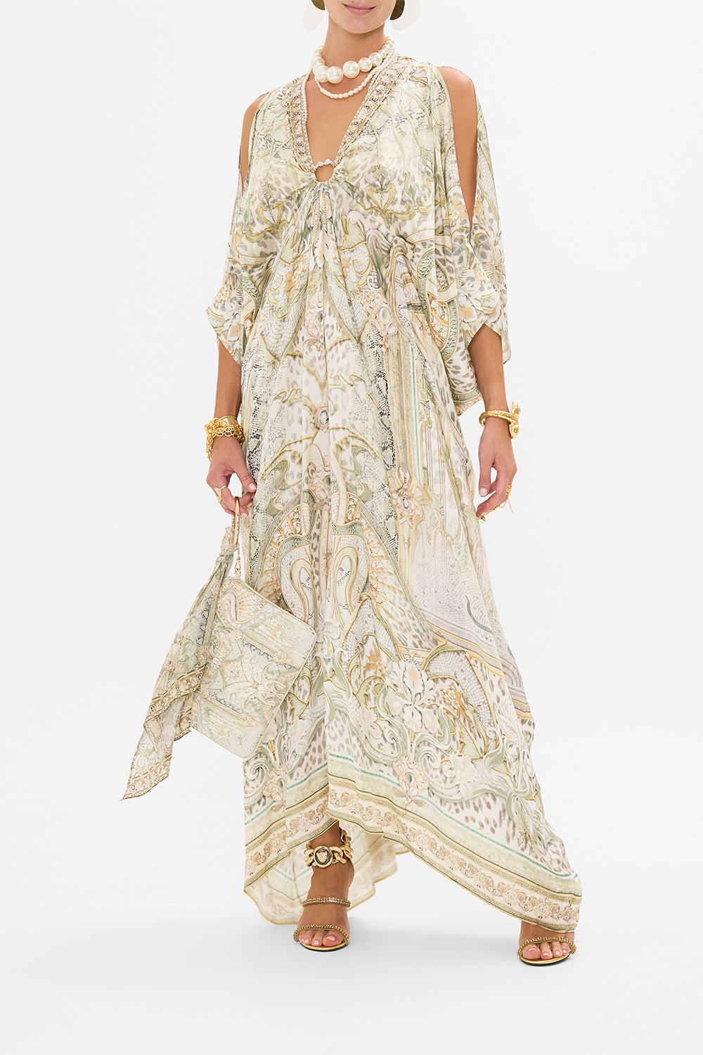 CAMILLA silk kaftan in Ivory Tower Tales print
