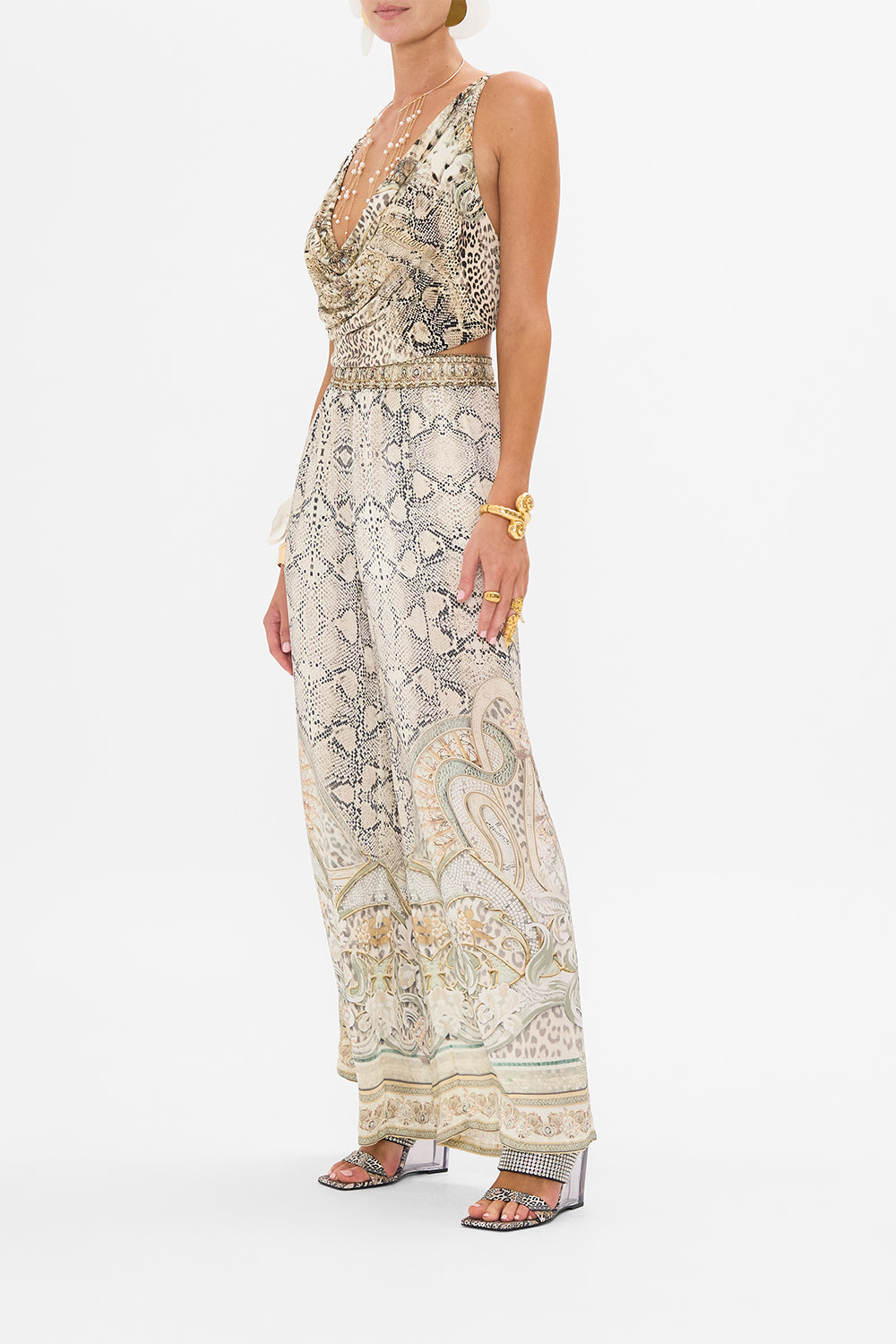 CAMILLA cowl neck jersey top in Ivory Tower Tales print