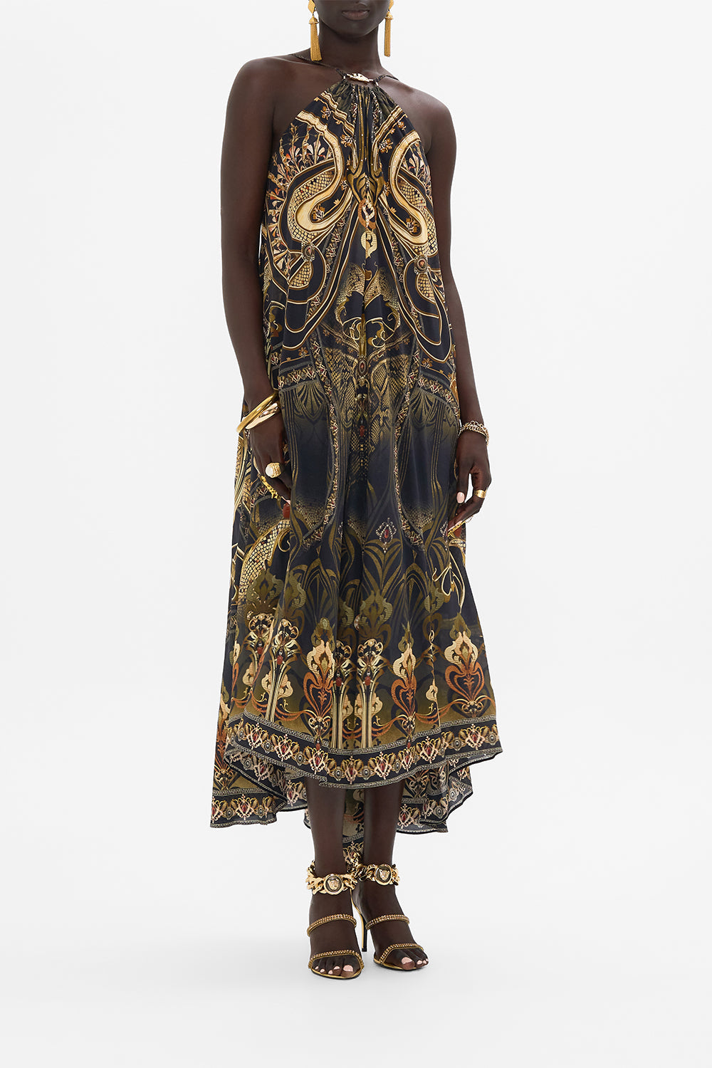 CAMILLA  silk maxi dress in Nouveau Noir print