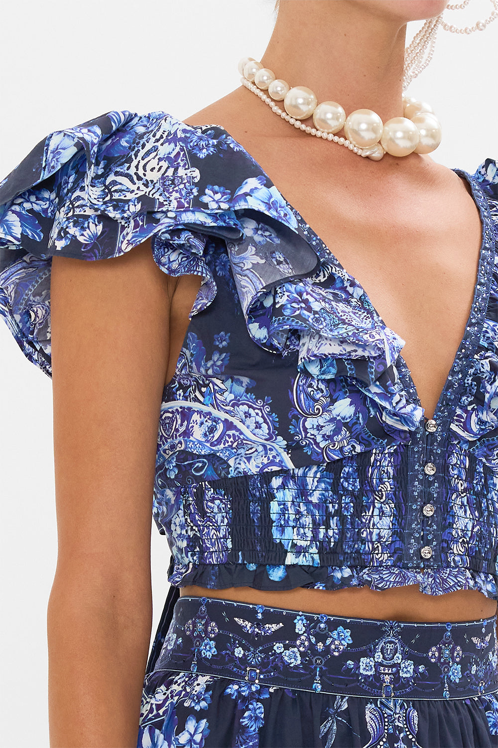 The CAMILLA HIGH LOW MIDI SHIRT DRESS PLUMES AND PARTERRES in our  print.