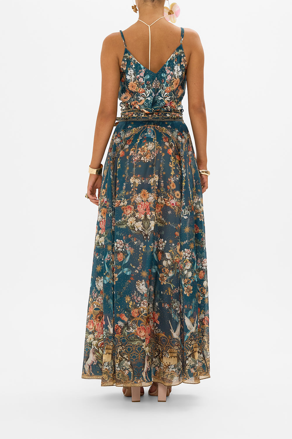 CAMILLA organza maxi dress in She Who Wears A Crown print