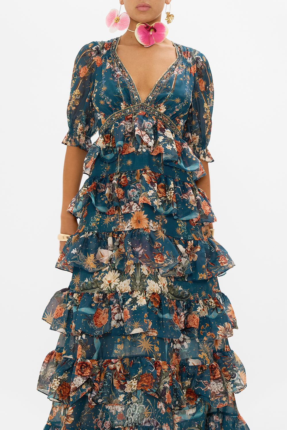 CAMILLA puff sleeve maxi dress in She Who Wears The Crown print