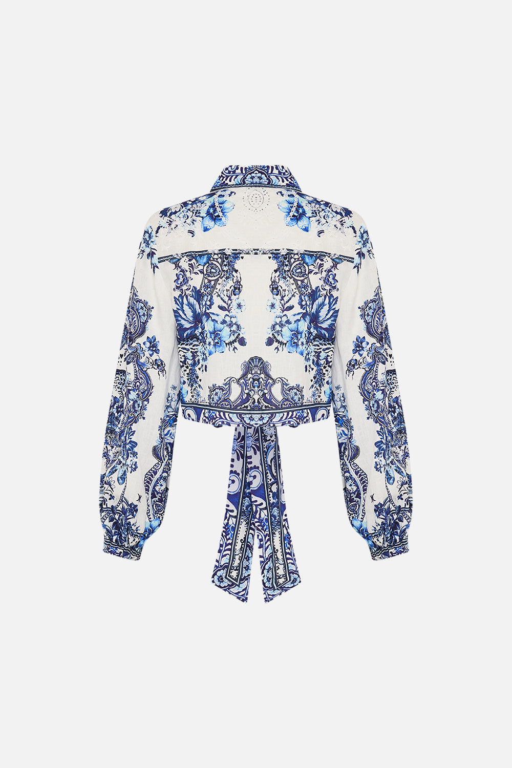 Back view of CAMILLA cropped wrap shirt in Glaze and Graze print