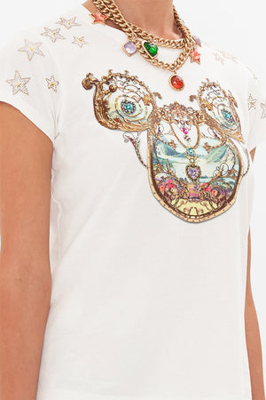 Detail view of model wearing CAMILLA x  Disney t shirt in Mickey takes A Trip 