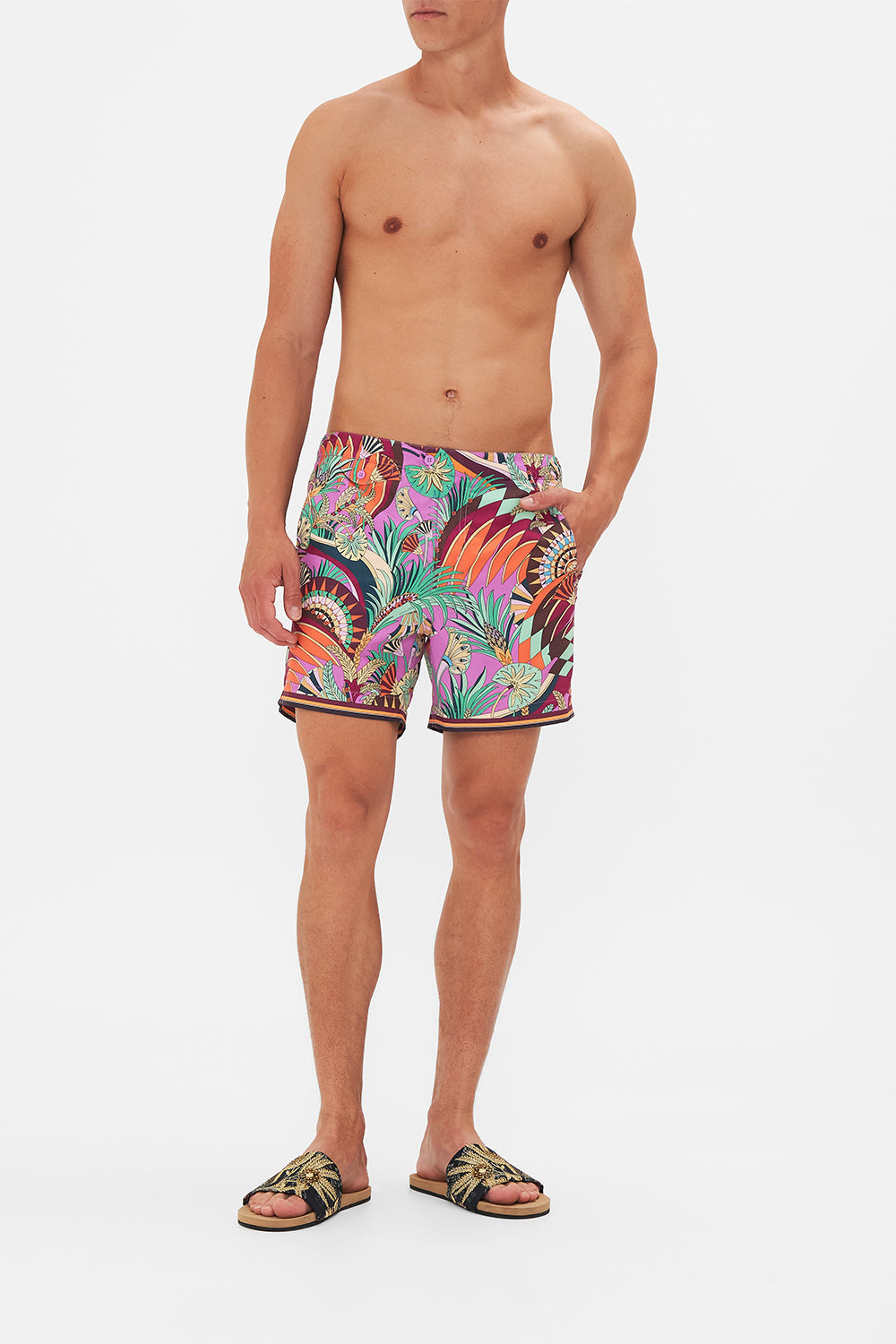 The CAMILLA SHIRRED WAIST PANT UNDER SCARAB SKIES in our  print.