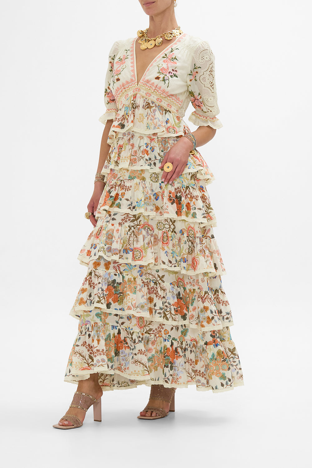 CAMILLA Puff Sleeve Tiered Skirt Long Dress in Honour of Heirlooms print