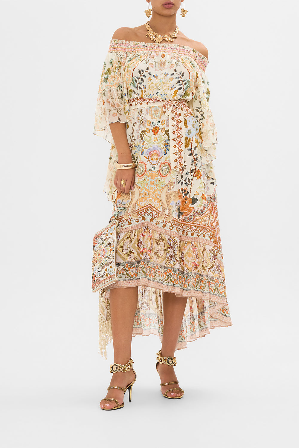 CAMILLA High Low Hem Off Shoulder Dress in Honour of Heirlooms print