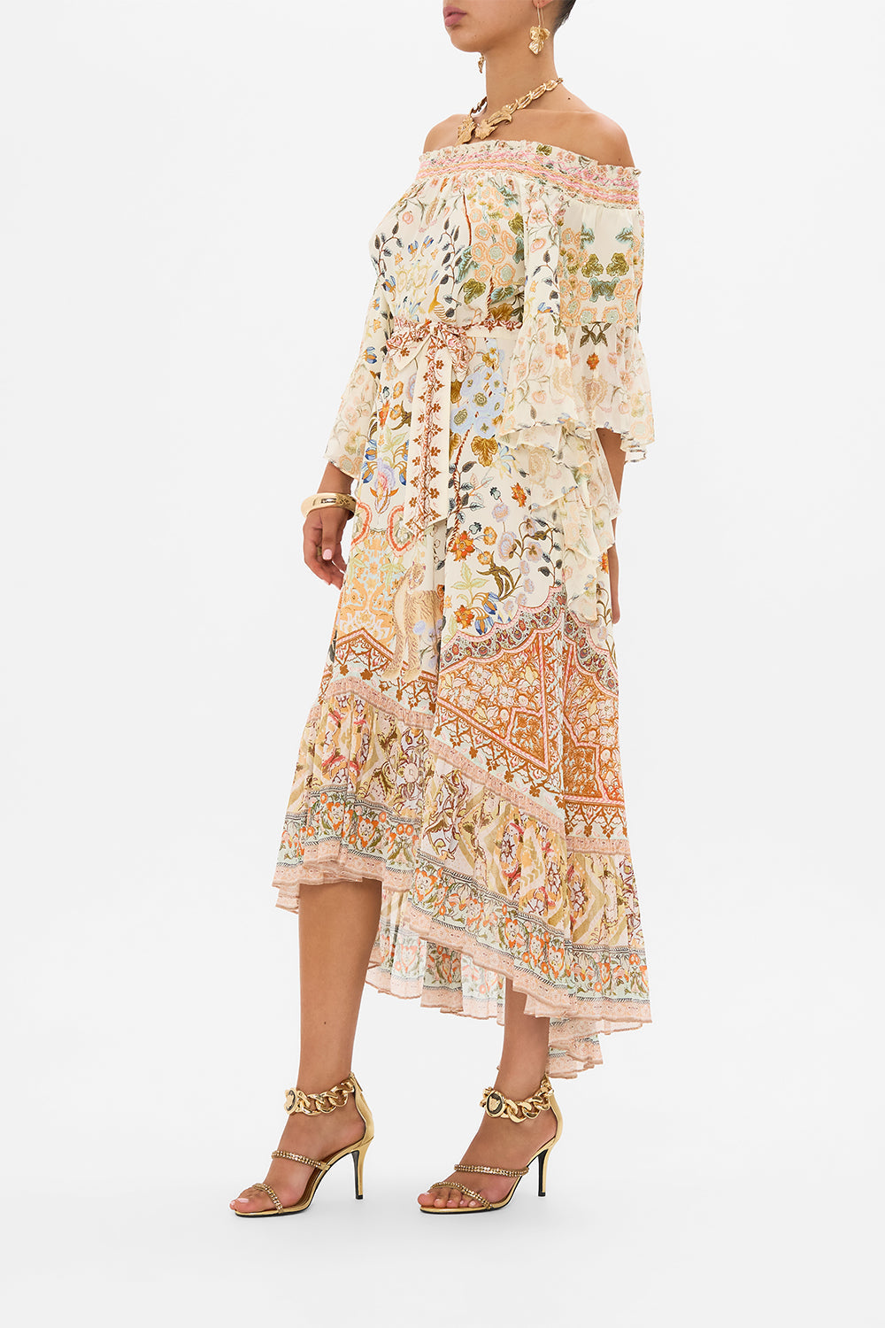 CAMILLA High Low Hem Off Shoulder Dress in Honour of Heirlooms print