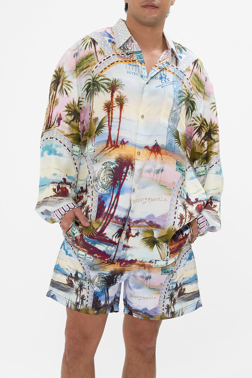 The CAMILLA SHORT SLEEVE CAMP COLLARED SHIRT SEW YESTERDAY in our  print.