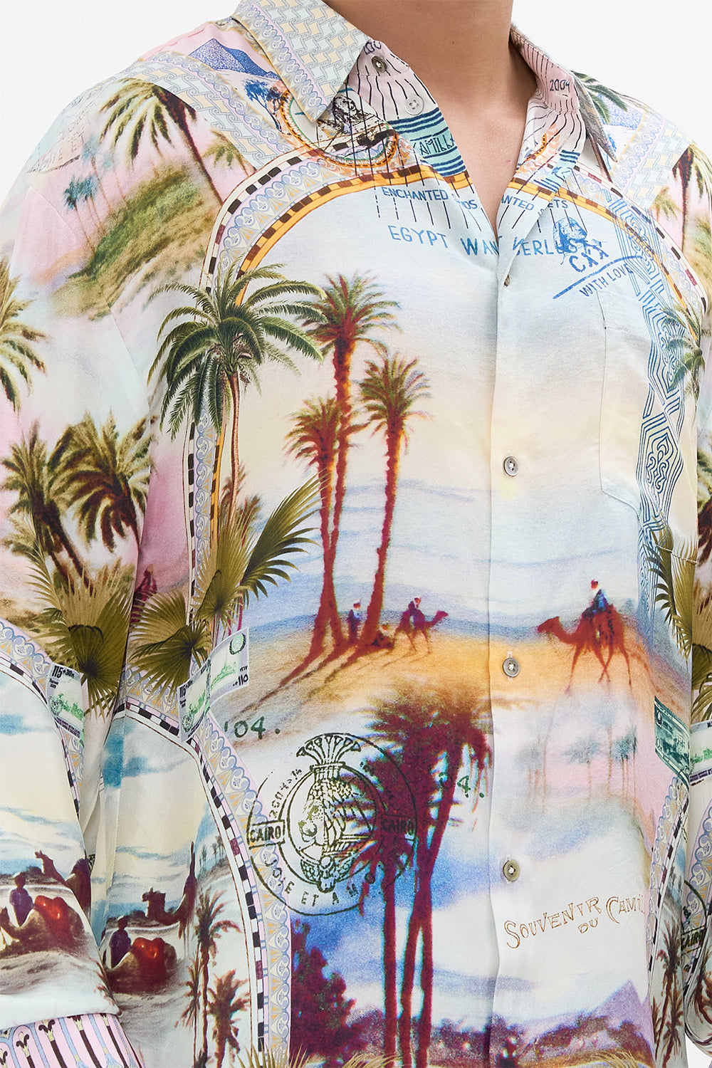 The CAMILLA SHORT SLEEVE CAMP COLLARED SHIRT SEW YESTERDAY in our  print.