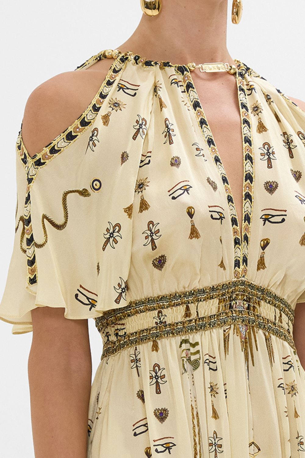 CAMILLA Gold Neck Piece Shirred Waist Long Dress in Gateway to the Afterlife Print