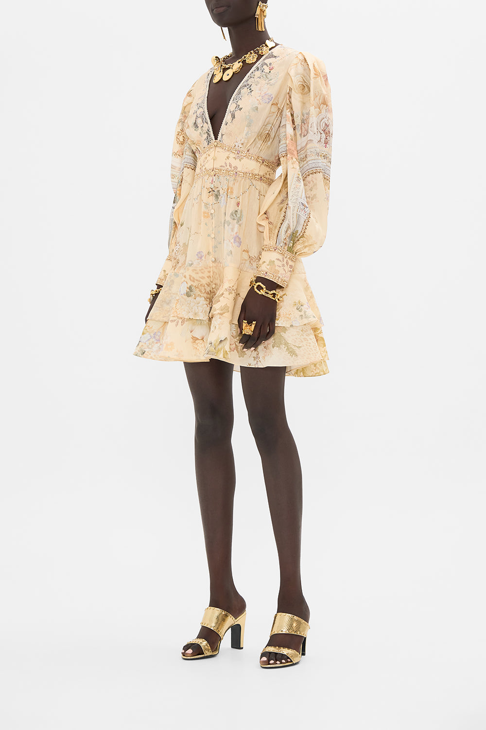 CAMILLA floral button front frill dress in Adorned in Antiquity print. 