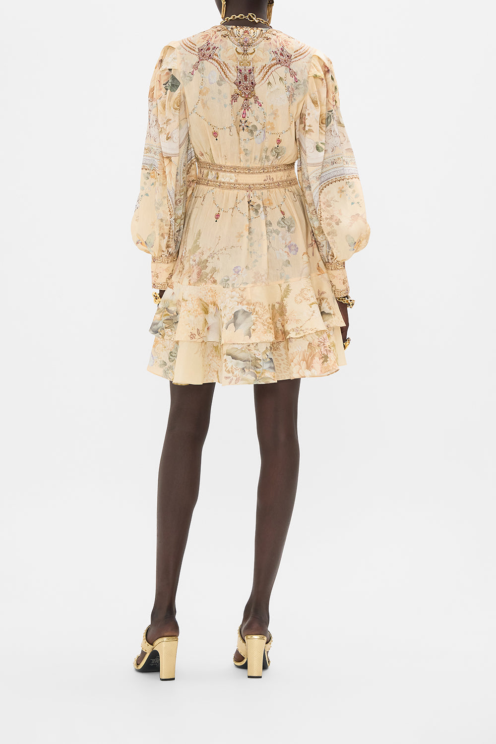 CAMILLA floral button front frill dress in Adorned in Antiquity print. 