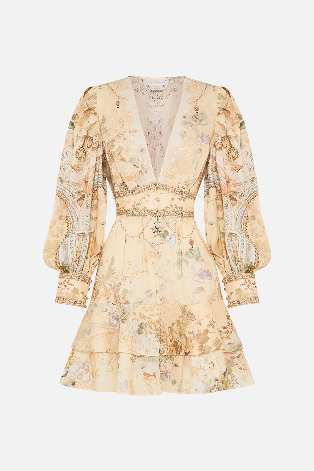 CAMILLA floral button front frill dress in Adorned in Antiquity print. 