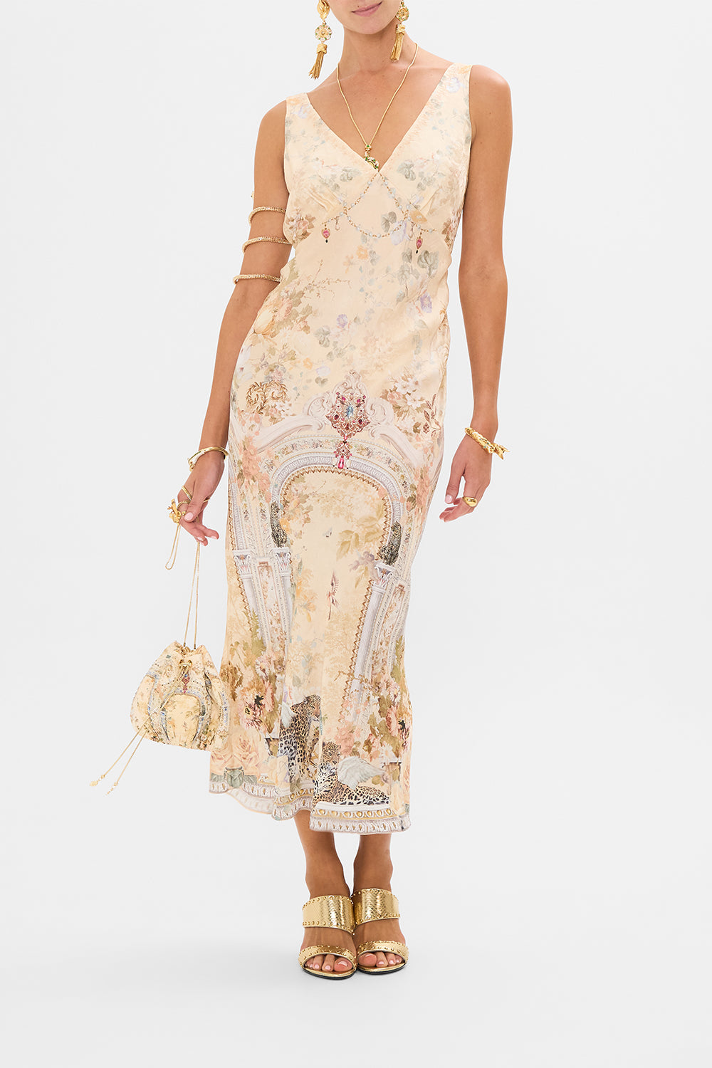 CAMILLA floral v neck jacquard slip dress in Adorned in Antiquity print. 