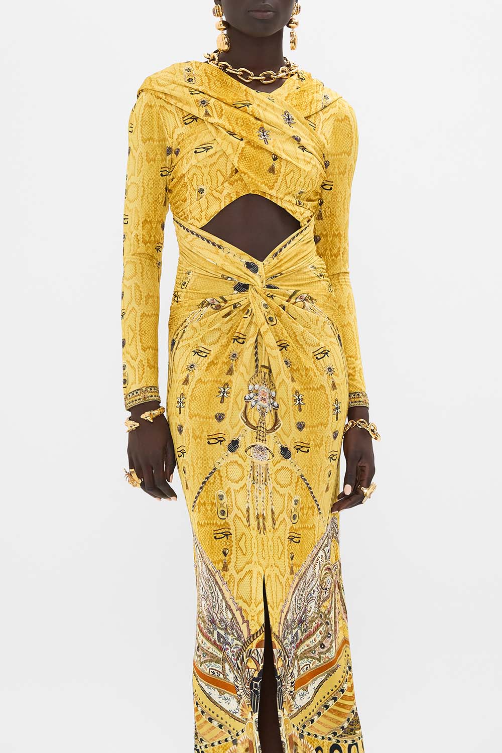 CAMILLA Gold Twist Front Jersey Hooded Dress in Valley of the Kings Print