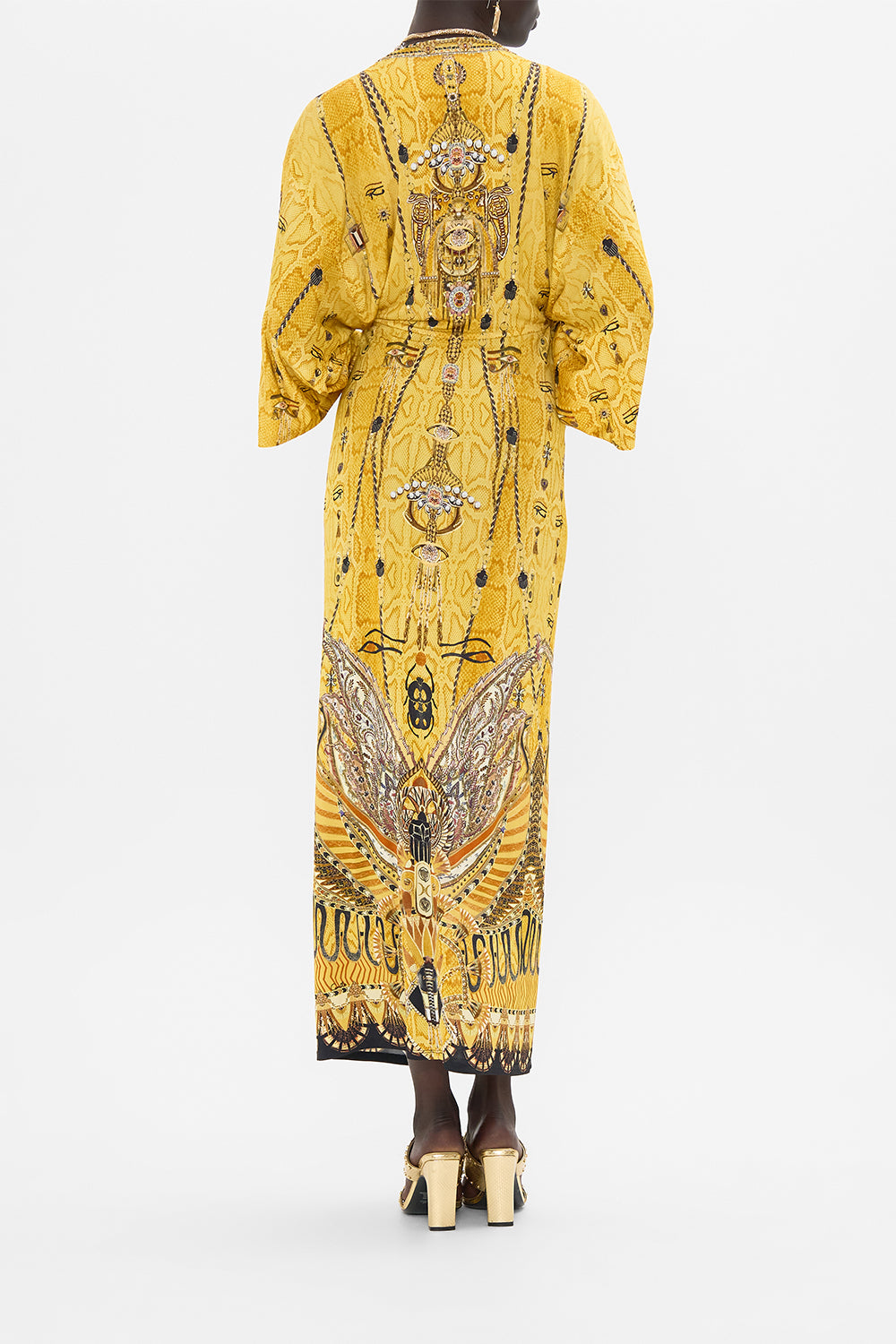 CAMILLA Gold Draped Jersey Dress with Hardware in Valley of the Kings Print