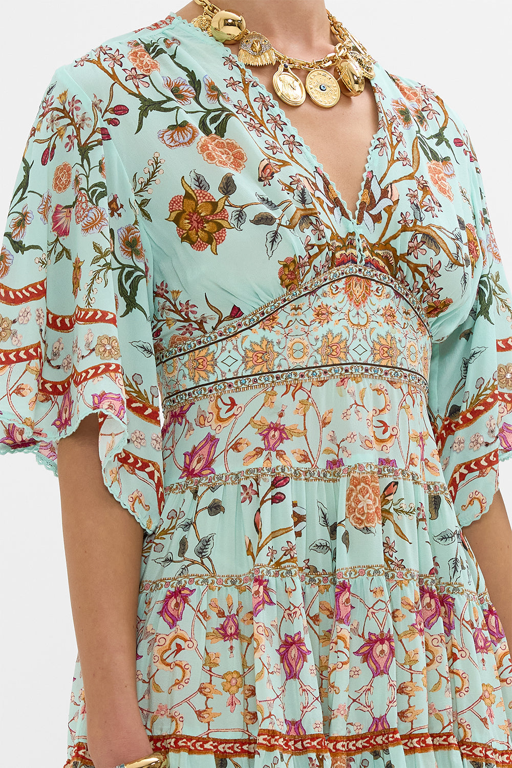 CAMILLA Tiered Skirt Mini Dress in Weaving Worlds print