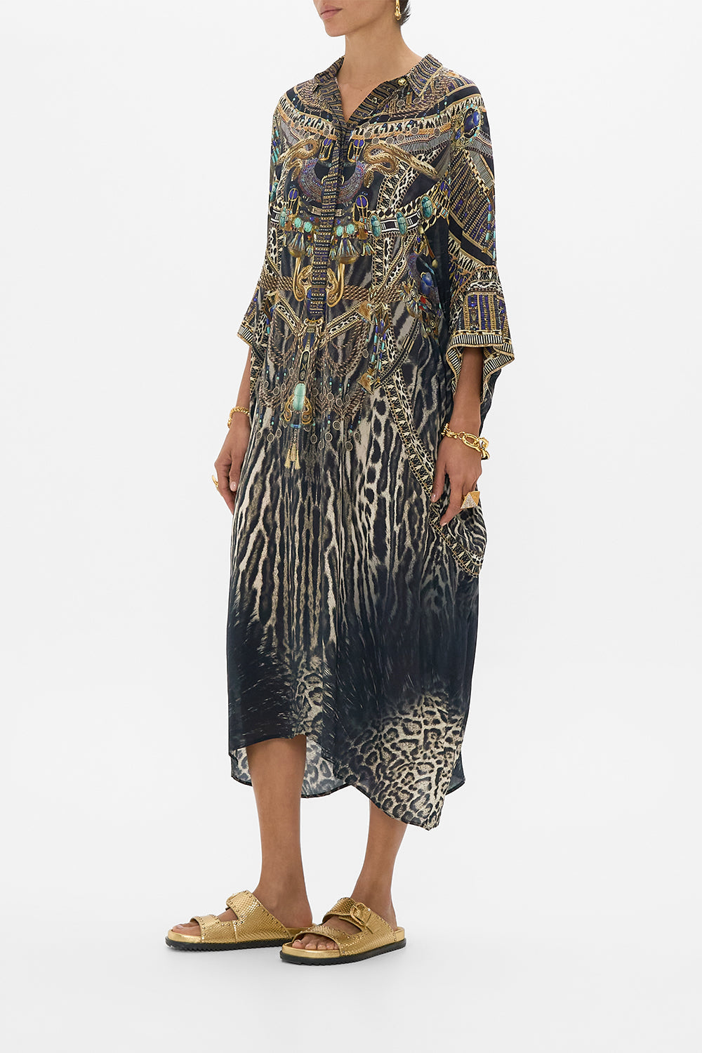 CAMILLA Batwing Kaftan in Cat Worship print. 