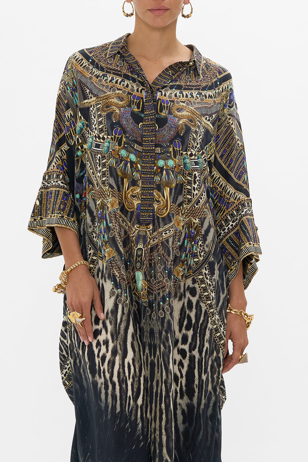 CAMILLA Batwing Kaftan in Cat Worship print. 