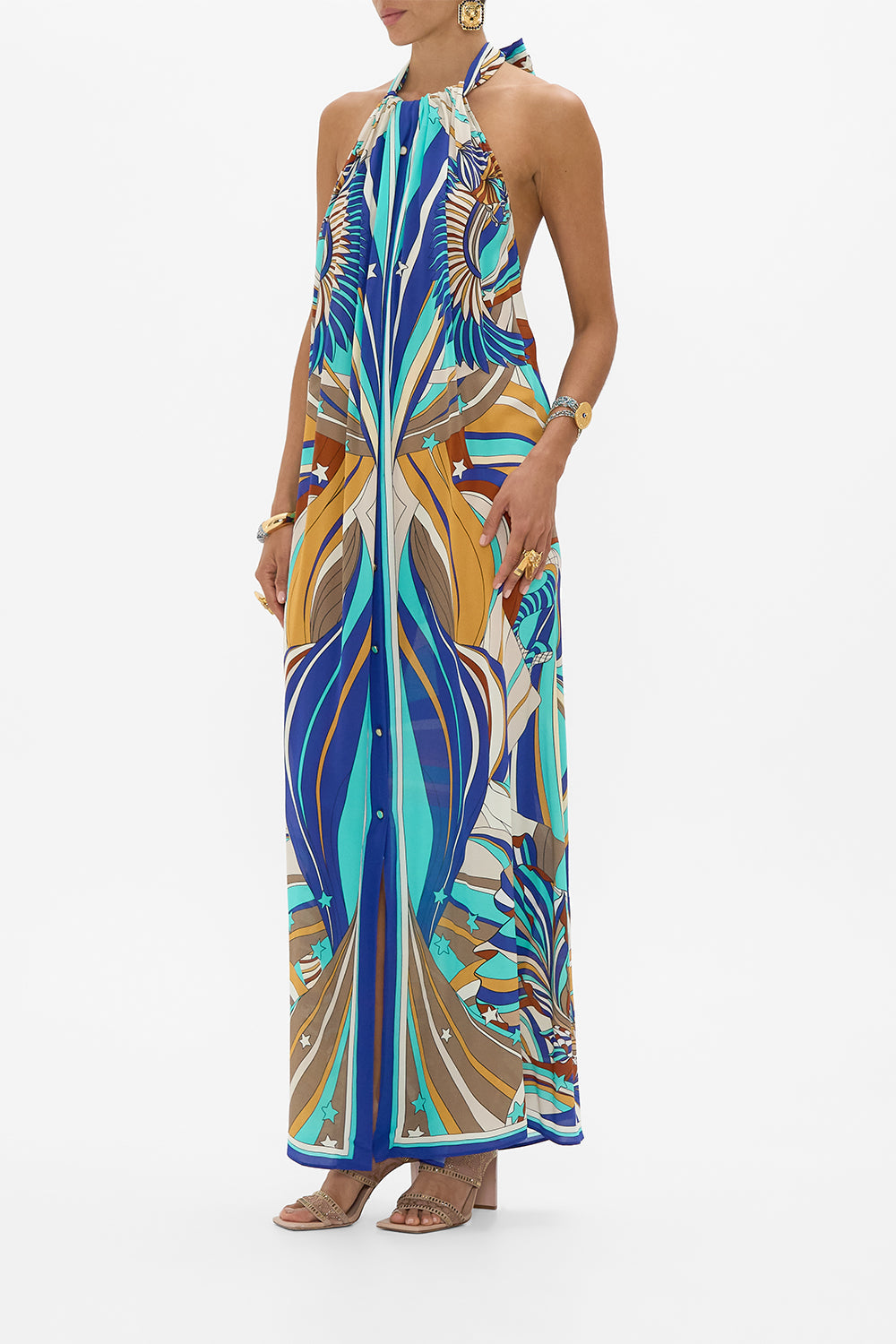 CAMILLA Button Front Opening Dress in Oasis Oracle print. 