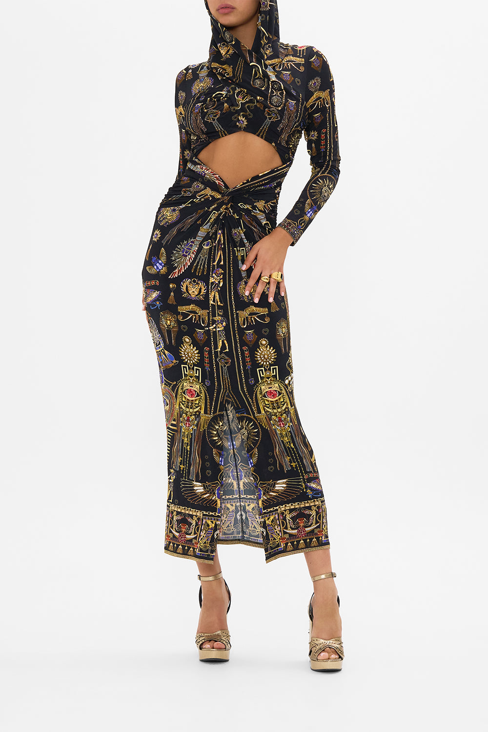 CAMILLA Twist Front Jersey Hooded Dress in Cartouche Kingdom print. 