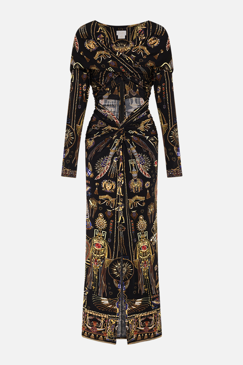 CAMILLA Twist Front Jersey Hooded Dress in Cartouche Kingdom print. 