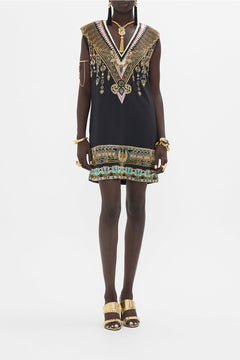 CAMILLA Black/Gold Hand Embellished Shift Dress in They Called Her Nefertari print