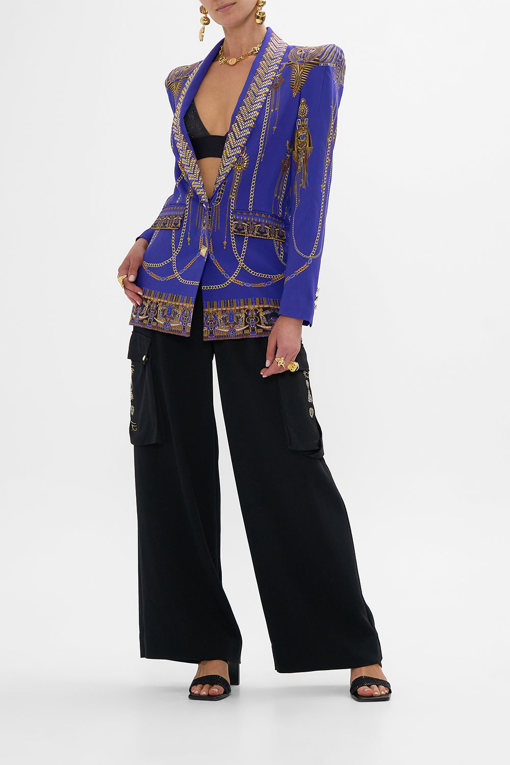 CAMILLA Peaked Shoulder Blazer in My Fair Pharaoh print. 