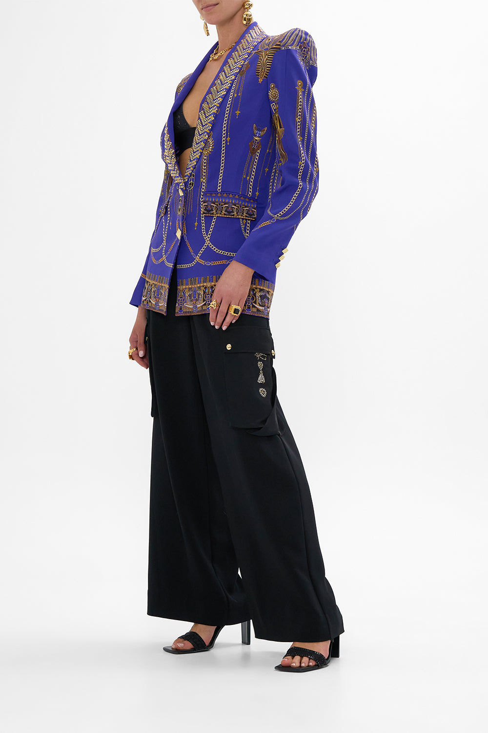 CAMILLA Peaked Shoulder Blazer in My Fair Pharaoh print. 