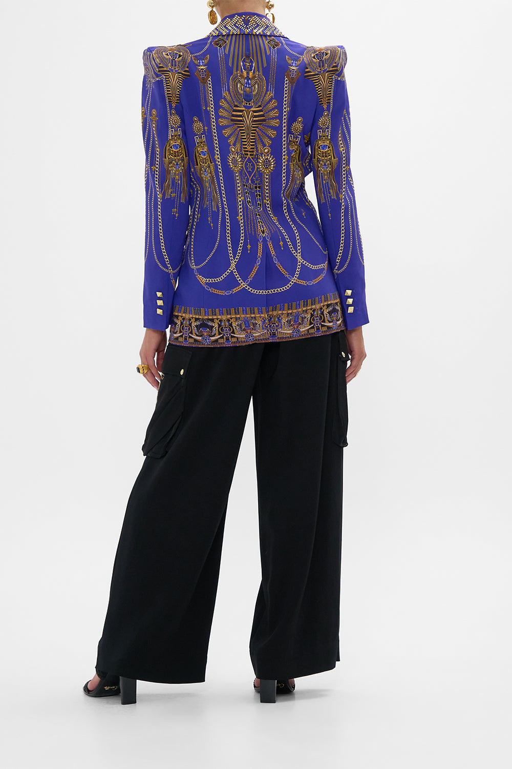 CAMILLA Peaked Shoulder Blazer in My Fair Pharaoh print. 