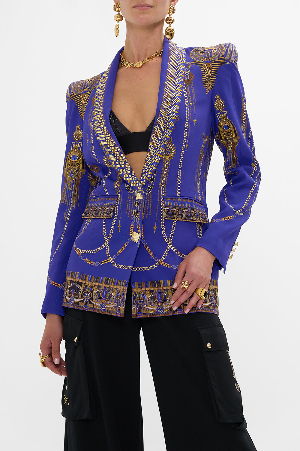 CAMILLA Peaked Shoulder Blazer in My Fair Pharaoh print. 