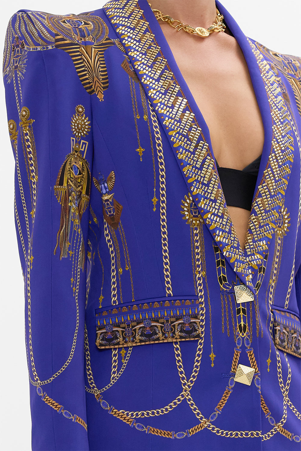 CAMILLA Peaked Shoulder Blazer in My Fair Pharaoh print. 