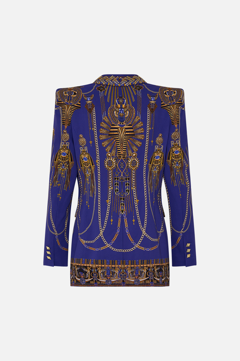 CAMILLA Peaked Shoulder Blazer in My Fair Pharaoh print. 