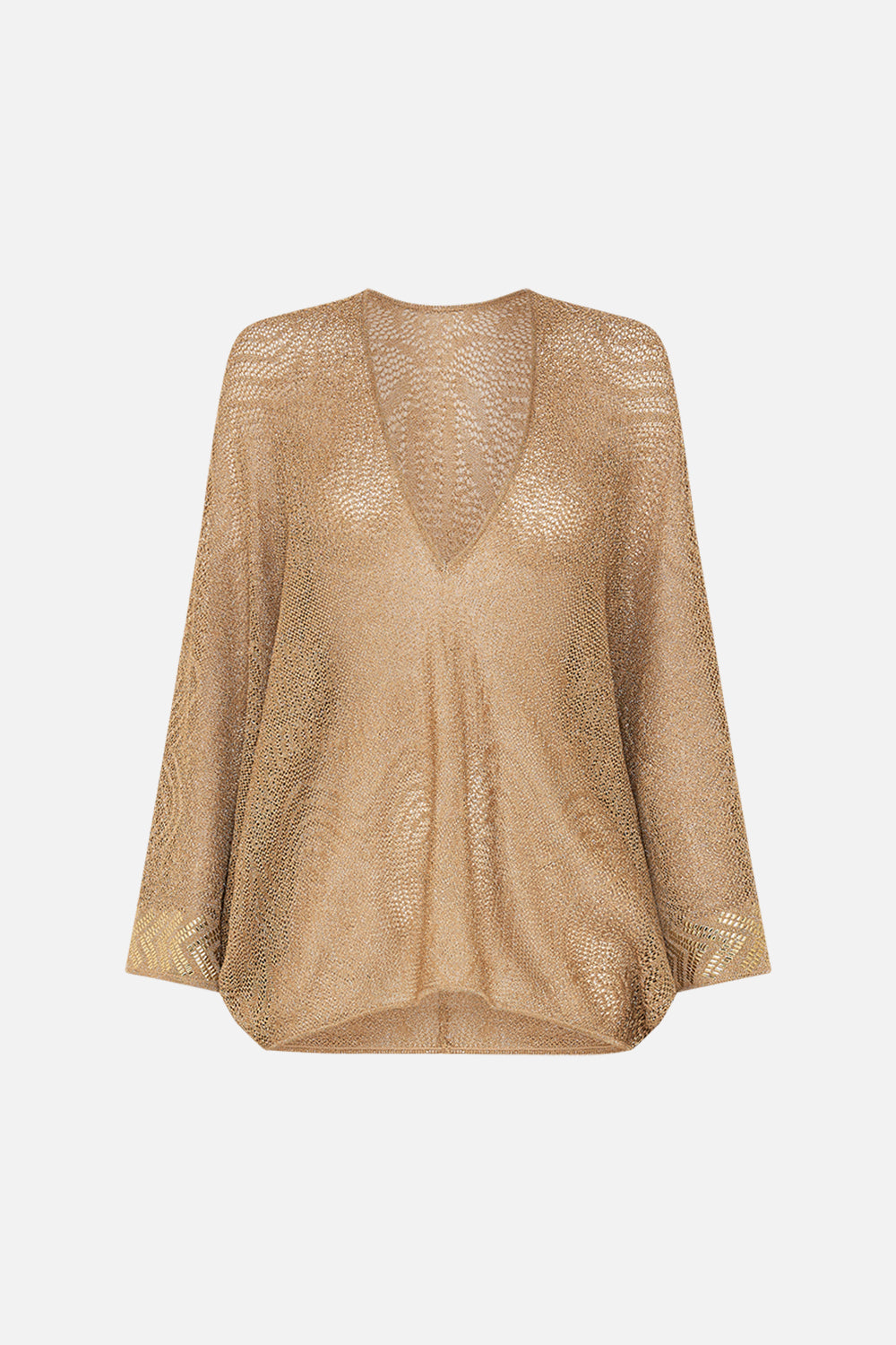 Hotel Franks by CAMILLA Gold Relaxed V-Neck Knit Pointelle Top in Valley of the Kings Print