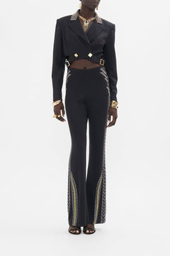 CAMILLA  Black/Gold Cropped Jacket with Cutout and Buckle Detail in They Called Her Nefertari print