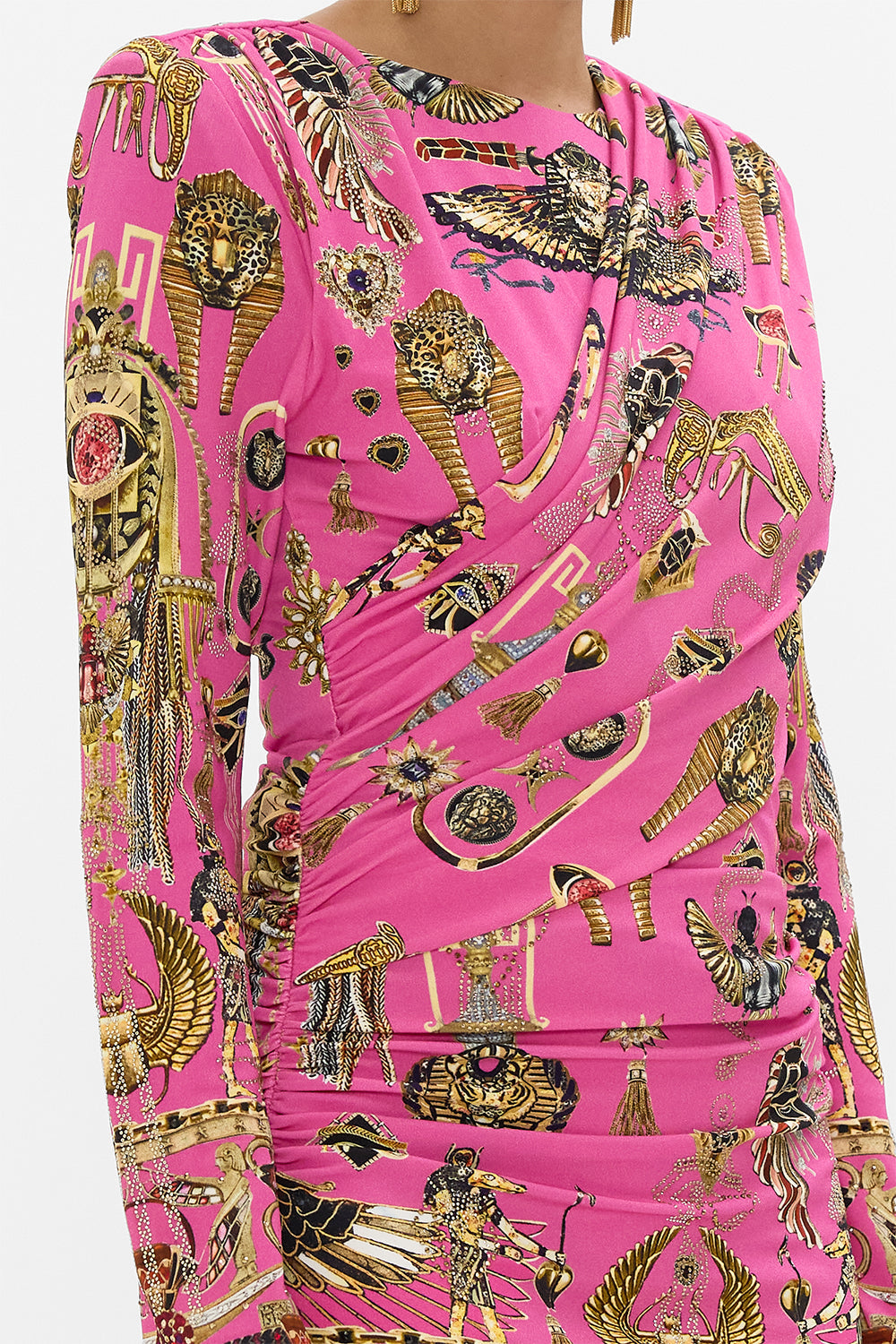 CAMILLA Asymmetrical Draped Long Sleeve Short Dress in Song of the Scarab print. 