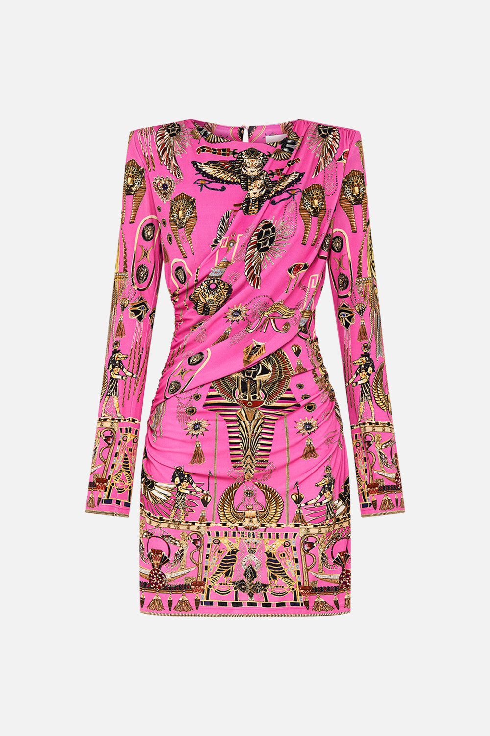 CAMILLA Asymmetrical Draped Long Sleeve Short Dress in Song of the Scarab print. 
