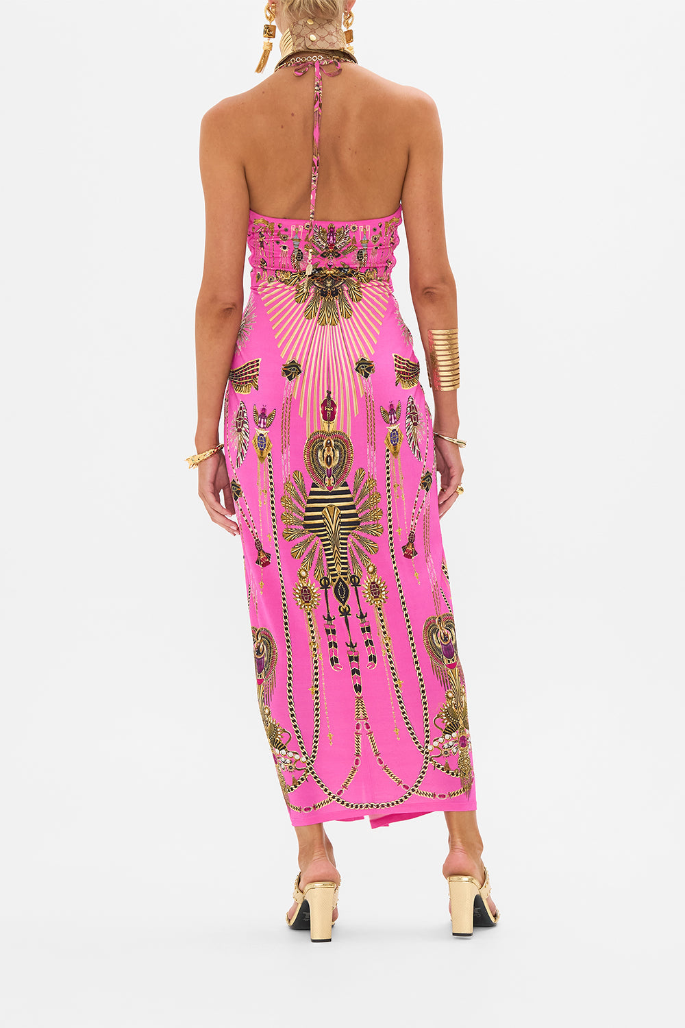 CAMILLA V Neck Gathered Jersey Dress in Song of The Scarab Print. 