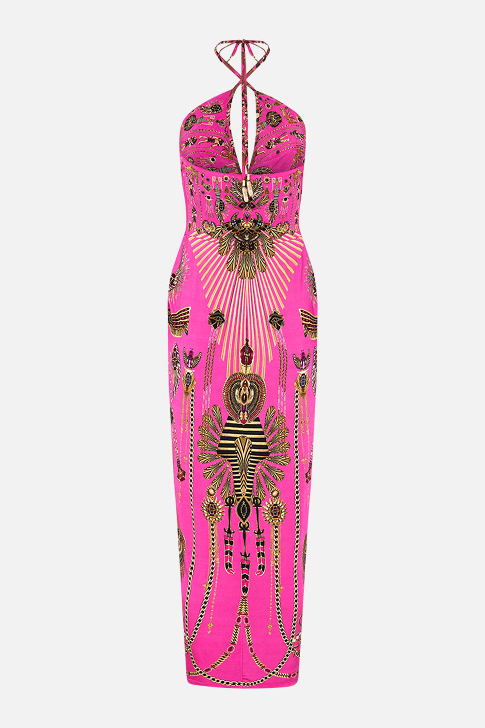 CAMILLA V Neck Gathered Jersey Dress in Song of The Scarab Print. 